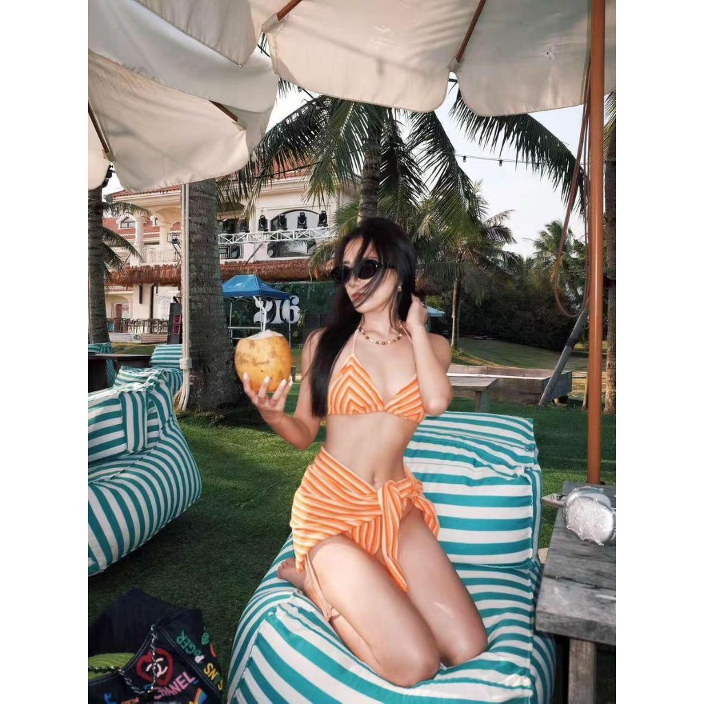 et Bikini Nữ 3 Chi Tiết Kèm Váy Quấn Sọc Cam – Chụp Ảnh, Nghỉ Dưỡng, Đi Biển