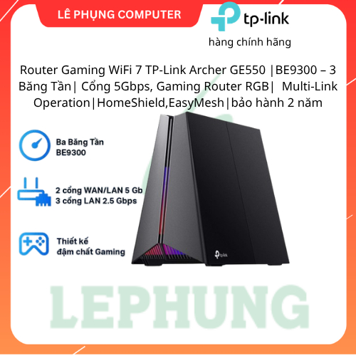 Router Gaming WiFi 7 TP-Link Archer GE550 |BE9300 – 3 Băng Tần| Cổng 5Gbps, Gaming Router RGB| |Home