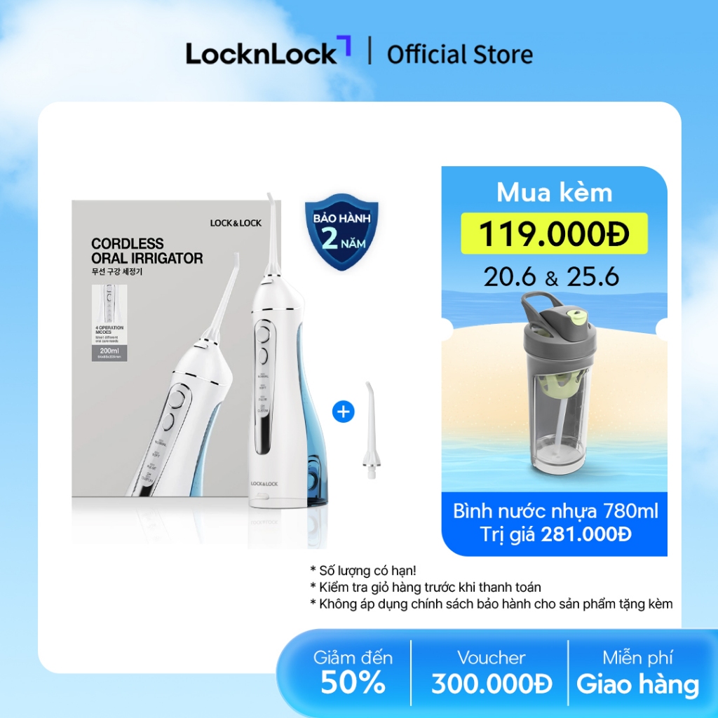Máy tăm nước không dây 4 chế độ dùng được răng niềng Lock&Lock Cordless Oral Irrigator 200ml - Màu xanh - ENR156BLU
