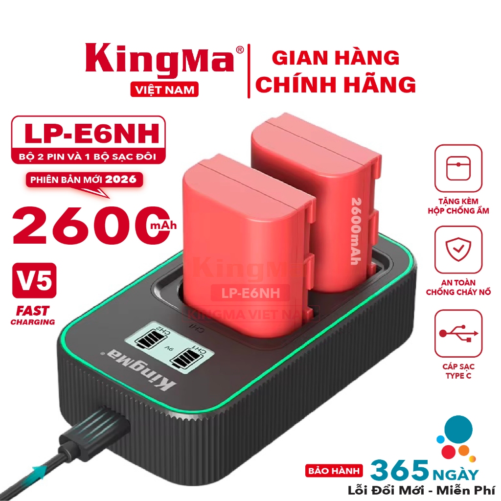 Pin KingMa LP-E6NH V5 2600mAh Kèm Sạc Đôi Type-C Cho Canon R5 R6 R7 R5C 5D4 Bộ 2 Pin + 1 Sạc