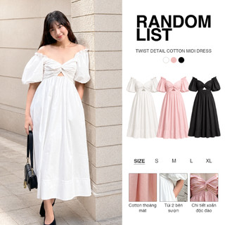 RANDOMLIST - Đầm midi tay phồng cổ V xoắn ngực dáng xòe nữ tính - Twist Detail Cotton Midi Dress