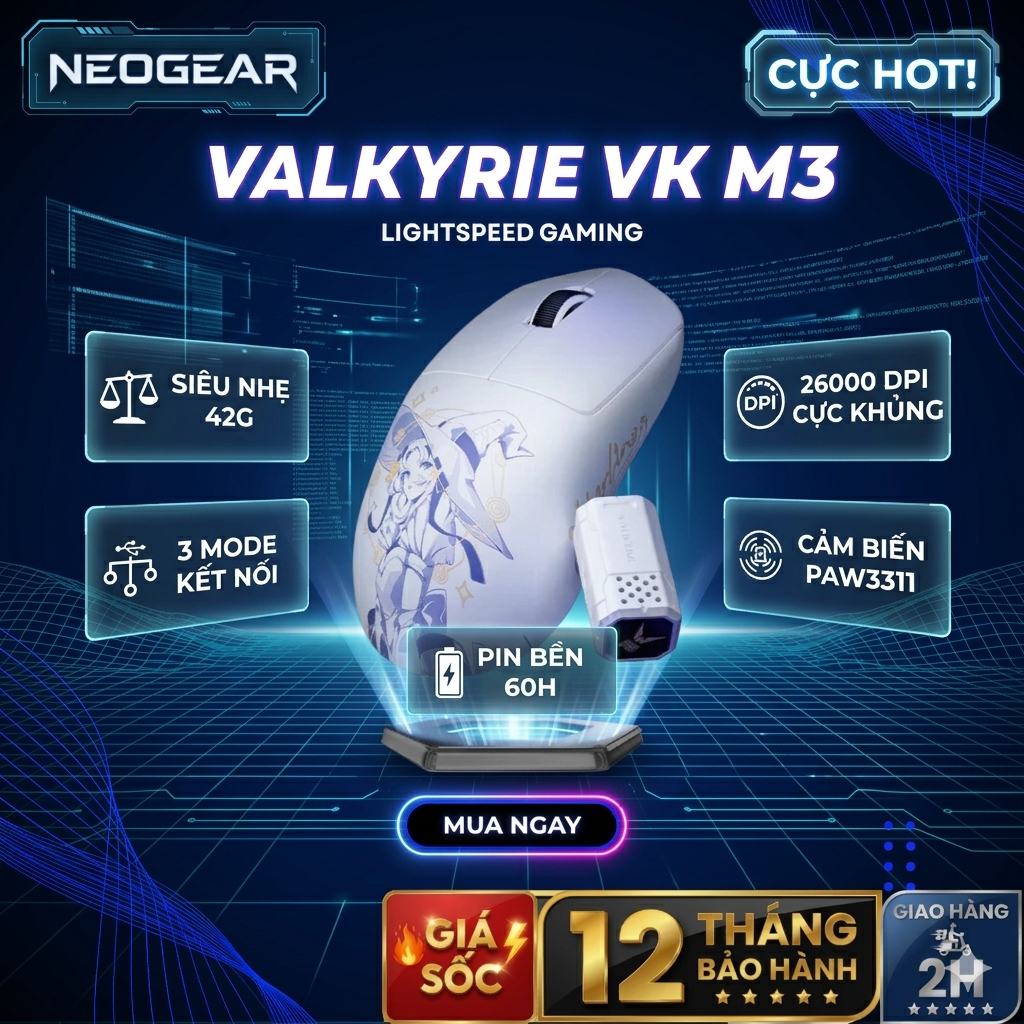 [🎁Cực Hot] Chuột Gaming Không Dây Valkyrie VK M3, 3 Mode, PAW3311, 26000 DPI, Siêu Nhẹ 42g, Pin 60H