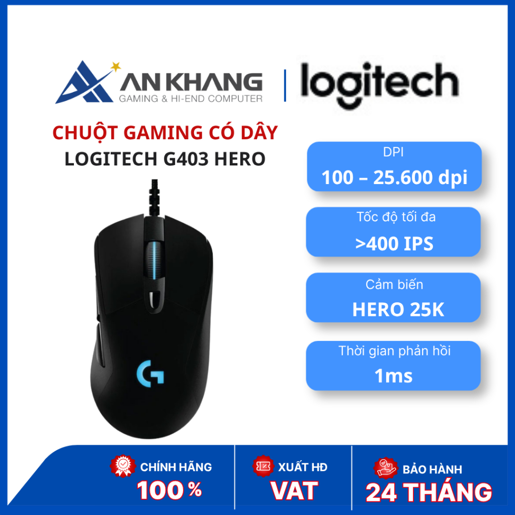 Chuột Gaming Logitech G403 HERO Wired | HERO 25K | 25600 DPI | RGB LIGHTSYNC | 1ms