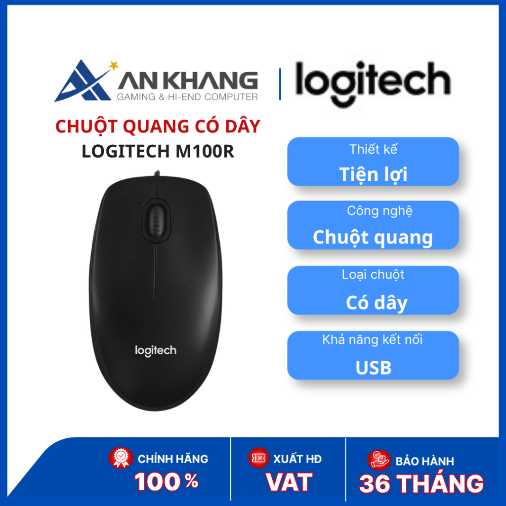 Chuột Quang Có Dây Logitech M100r USB | Optical | Ambidextrous | Plug & Play | Đen