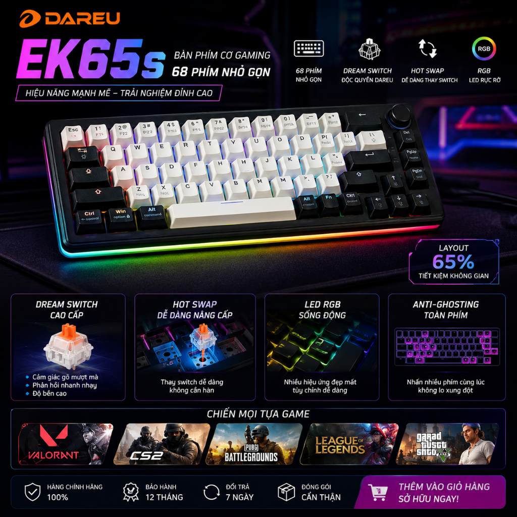 Bàn Phím Cơ Dareu EK65S Dream Switch | 68 Phím Gaming RGB | Hot Swap | Layout 65% Gọn Nhẹ BH 12T