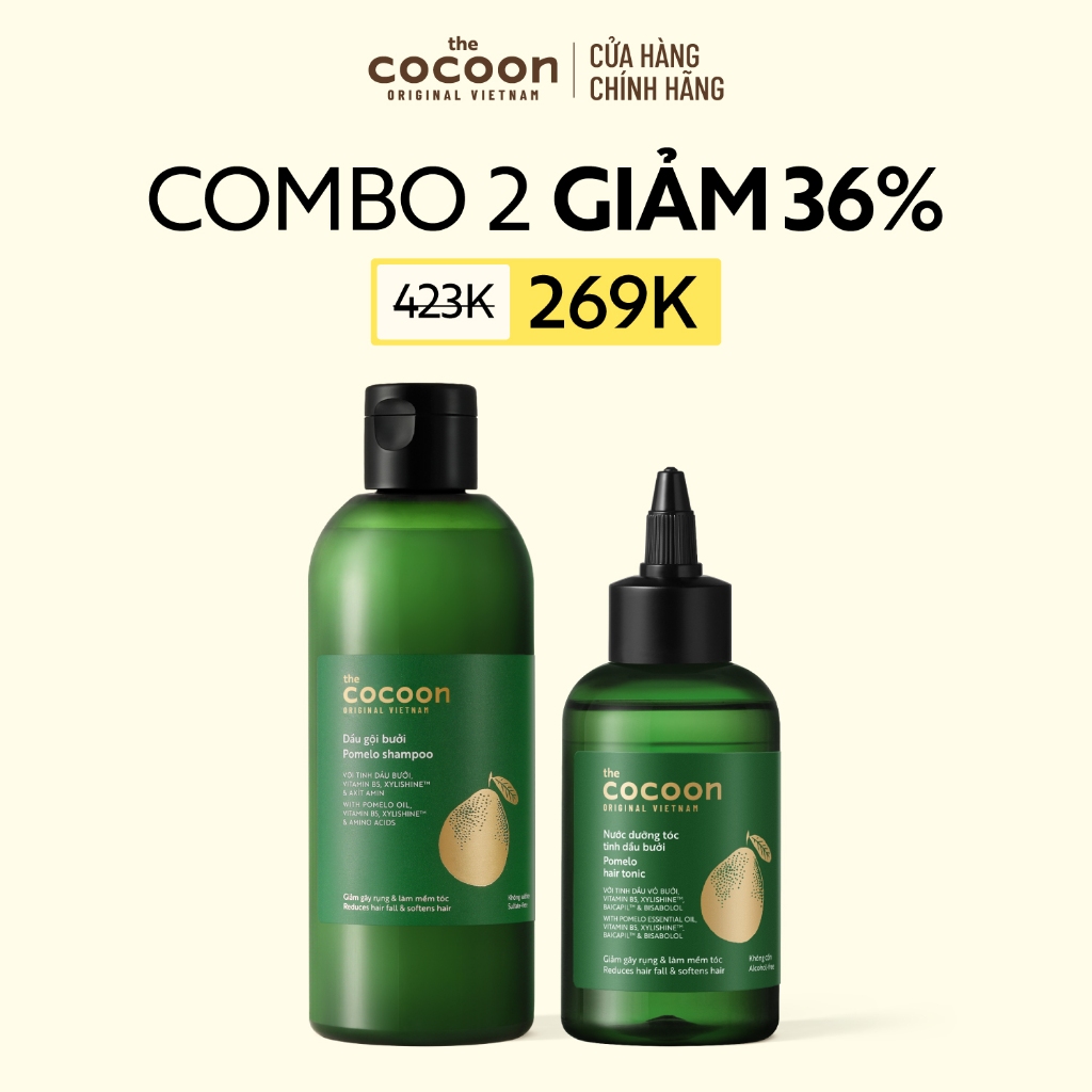 [MUA 2 GIẢM 37%] Combo Dầu gội bưởi 310ml & Nước dưỡng tóc tinh dầu bưởi Cocoon 140ml giúp giảm gãy rụng và làm mềm tóc