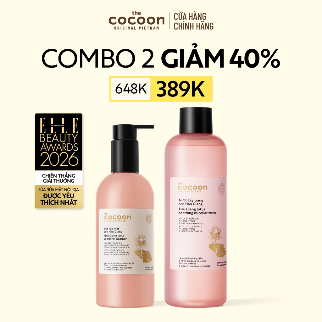 [MUA 2 GIẢM 40%] Combo 1 Nước tẩy trang Sen 500ml + 1 Sữa rửa mặt Sen Hậu Giang Cocoon 310ml