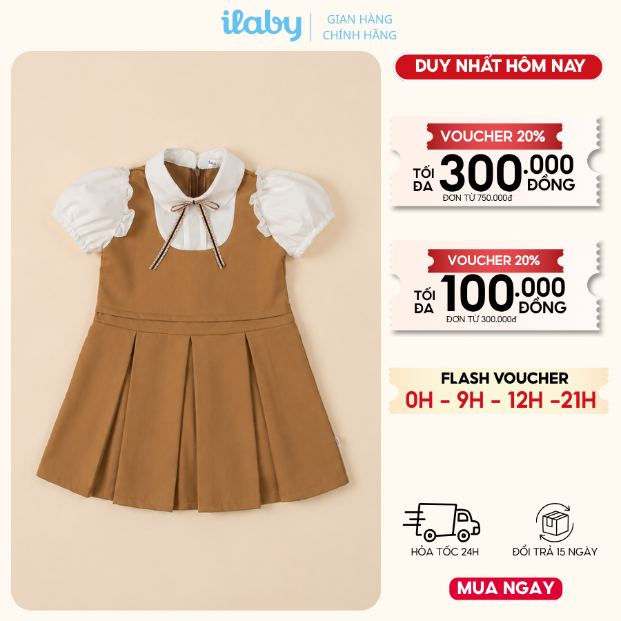 Váy đi học bé gái ILABY HCM váy liền cổ sen tay bồng phối xếp ly thanh lịch [3239]