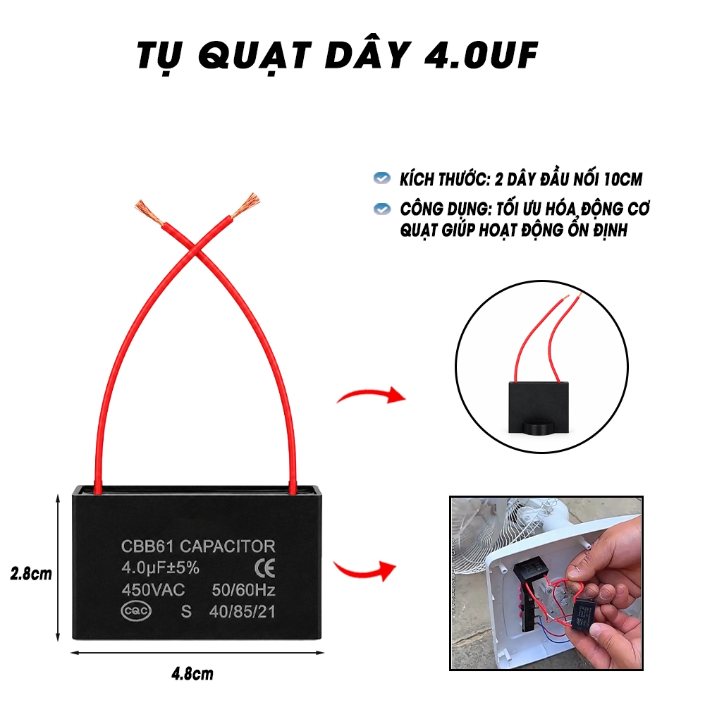 Capa Tụ quạt vuông điện dung 1.0 1.2 1.5 2.0 2.5 3.0 3.5 4.0 5.0 6.0 7.0 8.0 uF Caba cho quạt - máy 