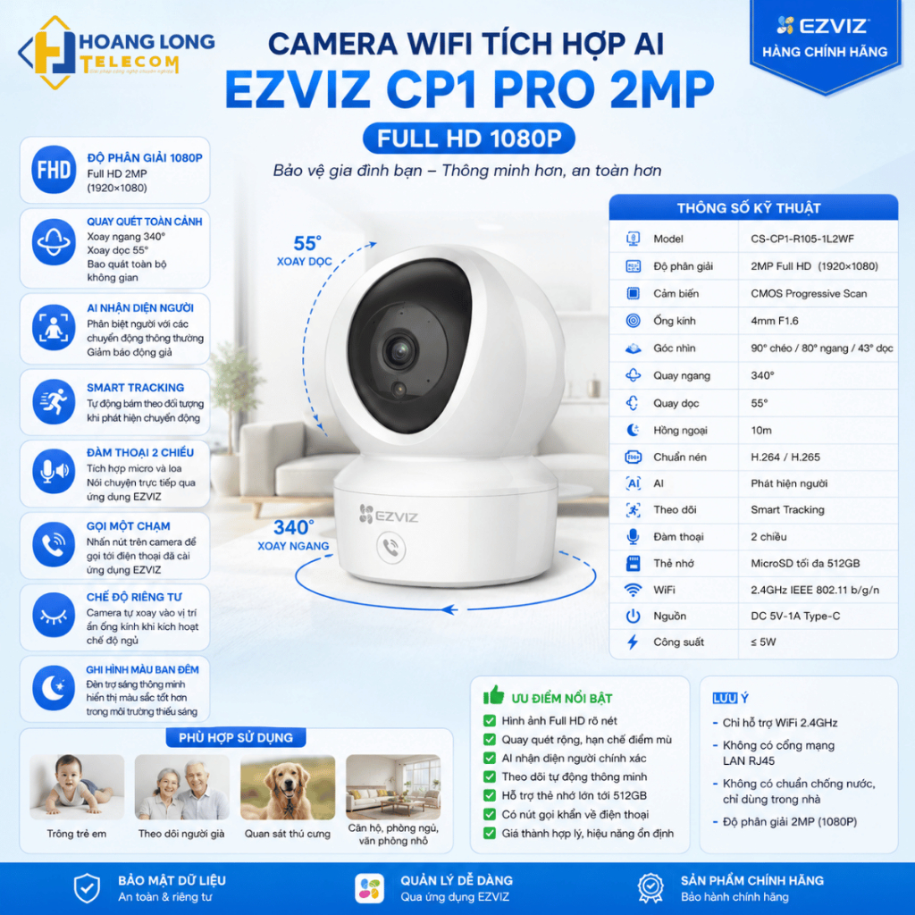 Camera Wifi Ezviz CP1 Pro 2MP 1080P xoay 360 độ AI thông minh có đàm thoại 2 chiều