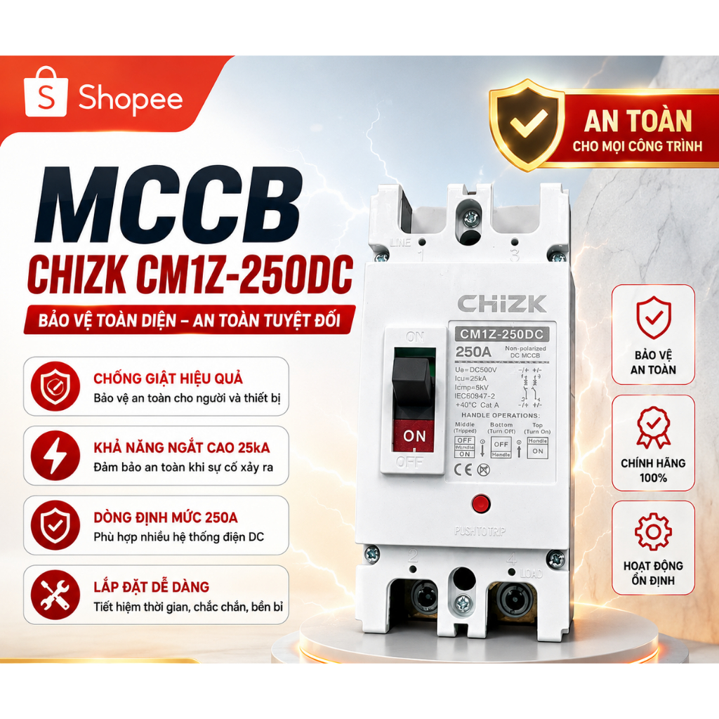 Aptomat, cầu dao tự động,  MCCB DC khối 250A Chizk CM1Z-250DC/2P CHIZK , MCCB , Chizk, Bộ Bảo Vệ Ngắ