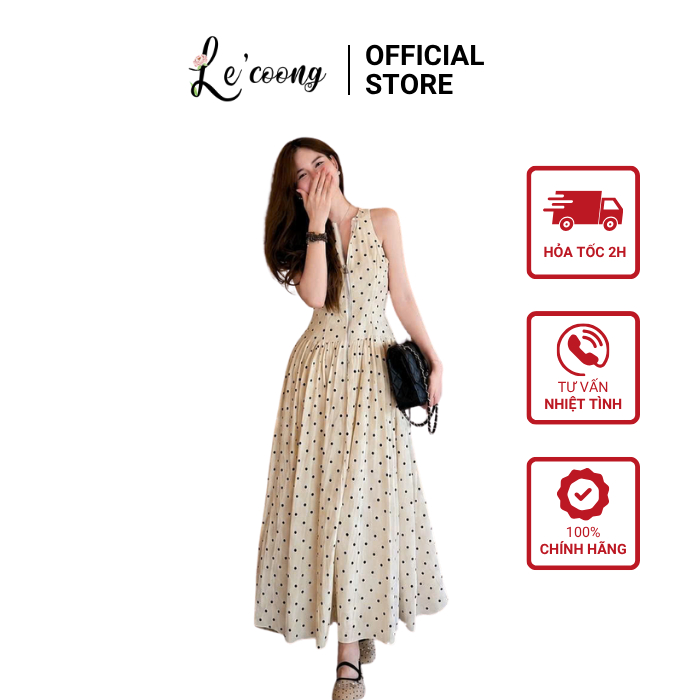 Váy Thiết Kế Dáng Dài Chấm Form Xòe LECOONG V875 Váy Đẹp Màu BeTiểu Thư Sang Chảnh