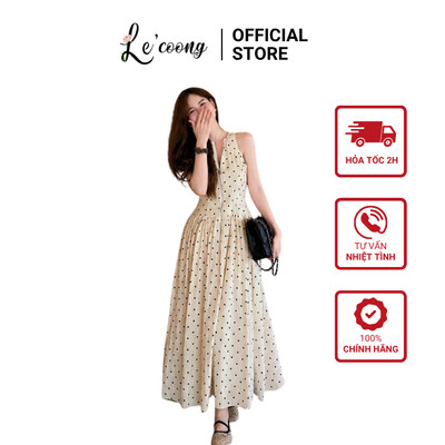 Váy Thiết Kế Dáng Dài Chấm Form Xòe LECOONG V875 Váy Đẹp Màu BeTiểu Thư Sang Chảnh