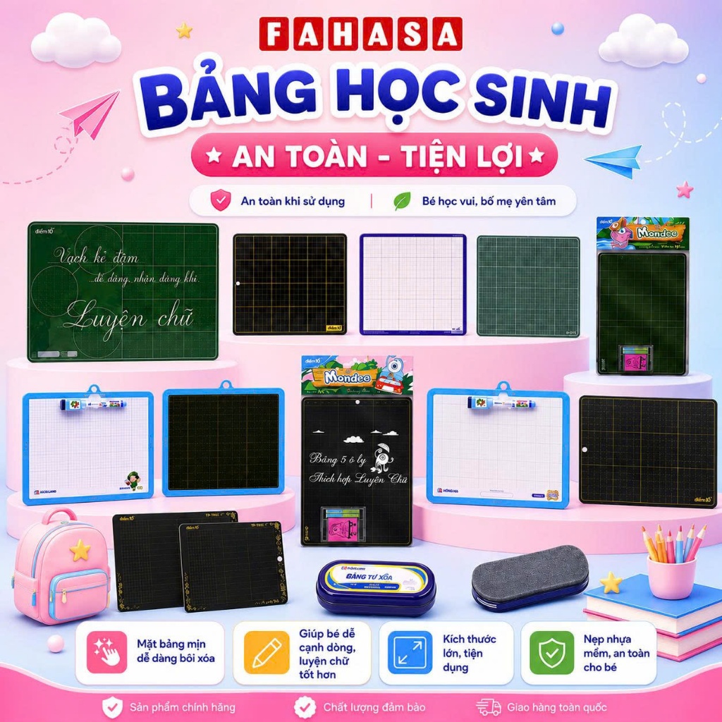 Bảng Học Sinh, Lau Bảng 2 Mặt/ Kẻ Ô/ 4 Ô Ly/ 5 Ô Ly - 3 Màu Xanh Lá, Đen, Xanh Rêu