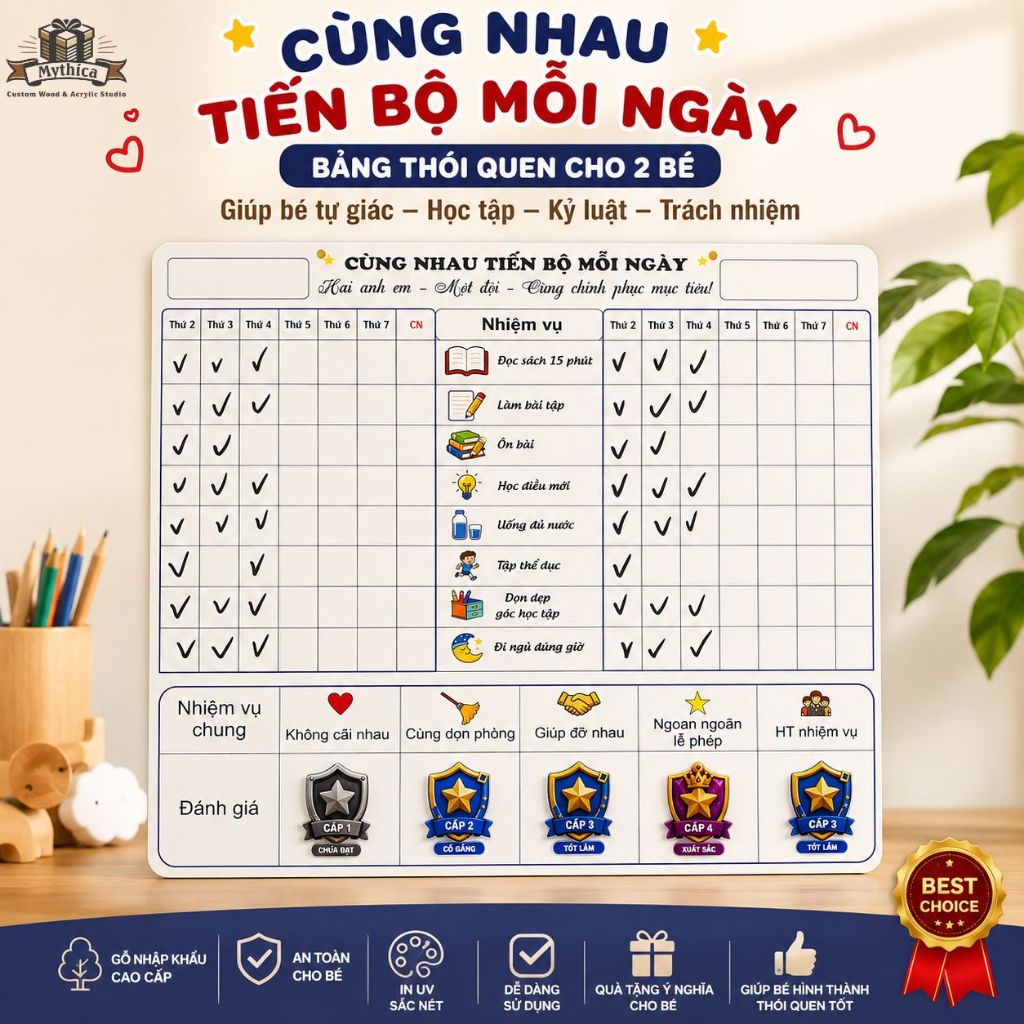Bảng Thói Quen Cho 2 Bé Gỗ Huy Hiệu Khen Thưởng 4 Cấp — ảnh listing minh họa