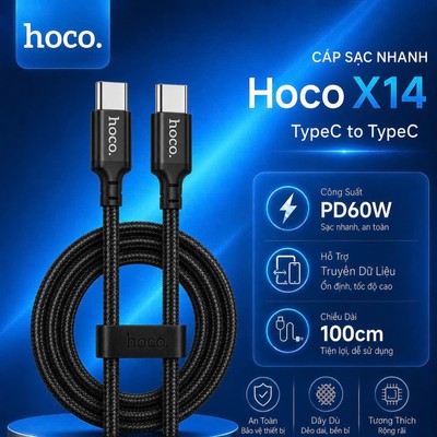 Dây sạc nhanh PD60W Type-C to Type-C Hoco X14 hỗ trợ truyền dữ liệu , dây vải dù siêu bền dùng 15 trở lên/Android dài 1M