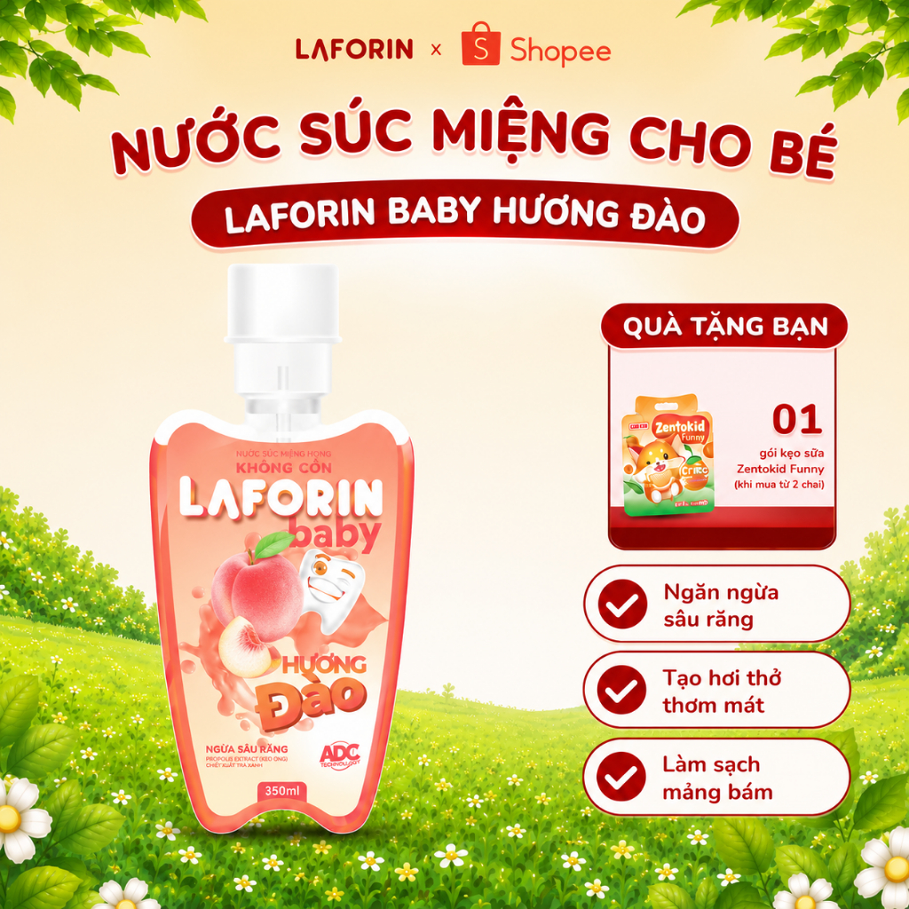 Laforin Baby Hương Đào - Nước Súc Miệng Giảm Sâu Răng, Vệ Sinh Răng Miệng Cho Bé (Chai 350ml)