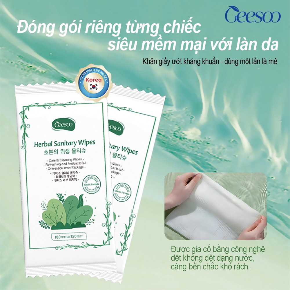Khăn Ướt Vệ Sinh Vùng Kín Geesoo Thảo Dược – Lành Tính, Khử Mùi Hỗ Trợ Làm Sạch (Gói 8 Miếng)