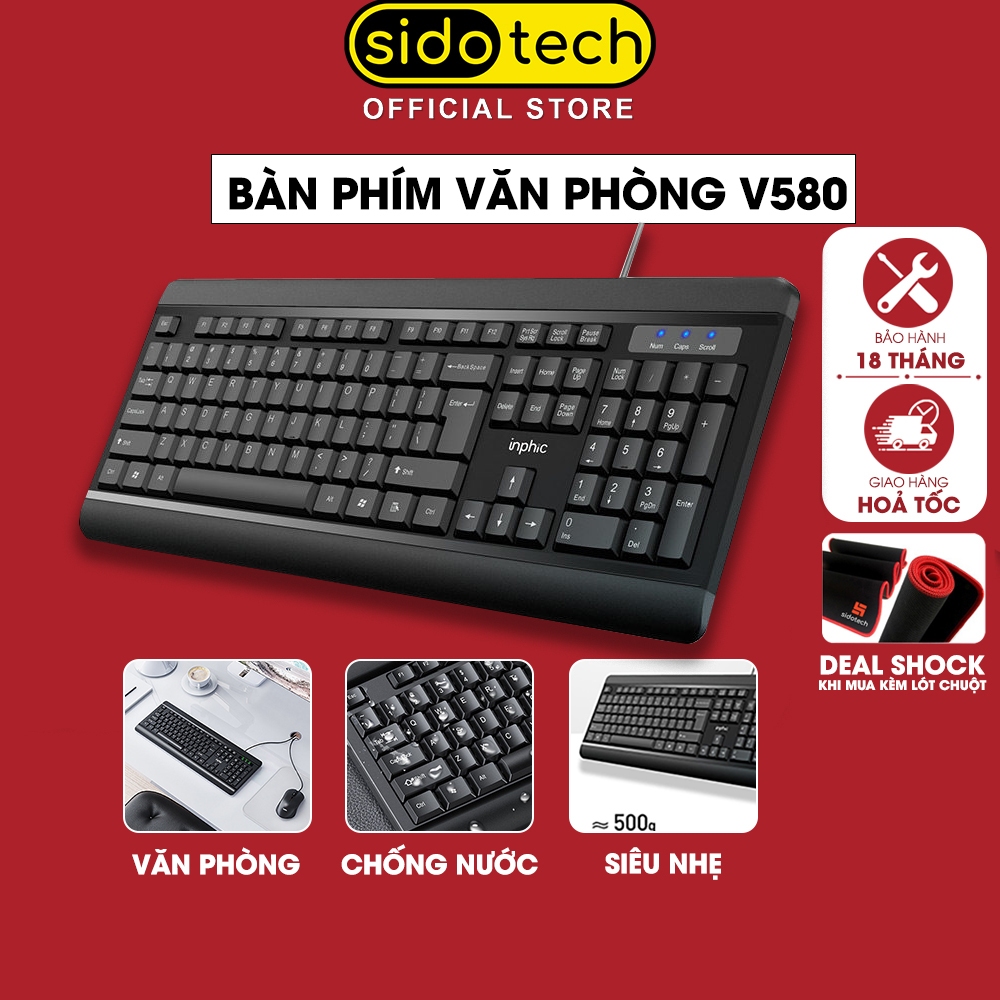 Bàn phím máy tính văn phòng SIDOTECH INPHIC V580 có dây chống ồn silent chống nước giả cơ gaming cho làm việc chơi game
