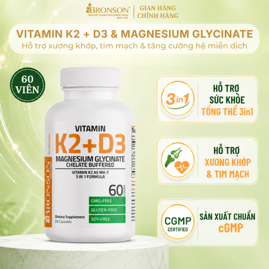 [NEW 2026] Viên Uống Bronson Vitamin K2 + D3 & Magnesium Glycinate Hỗ Trợ Sức Khỏe Xương Khớp, Tim M