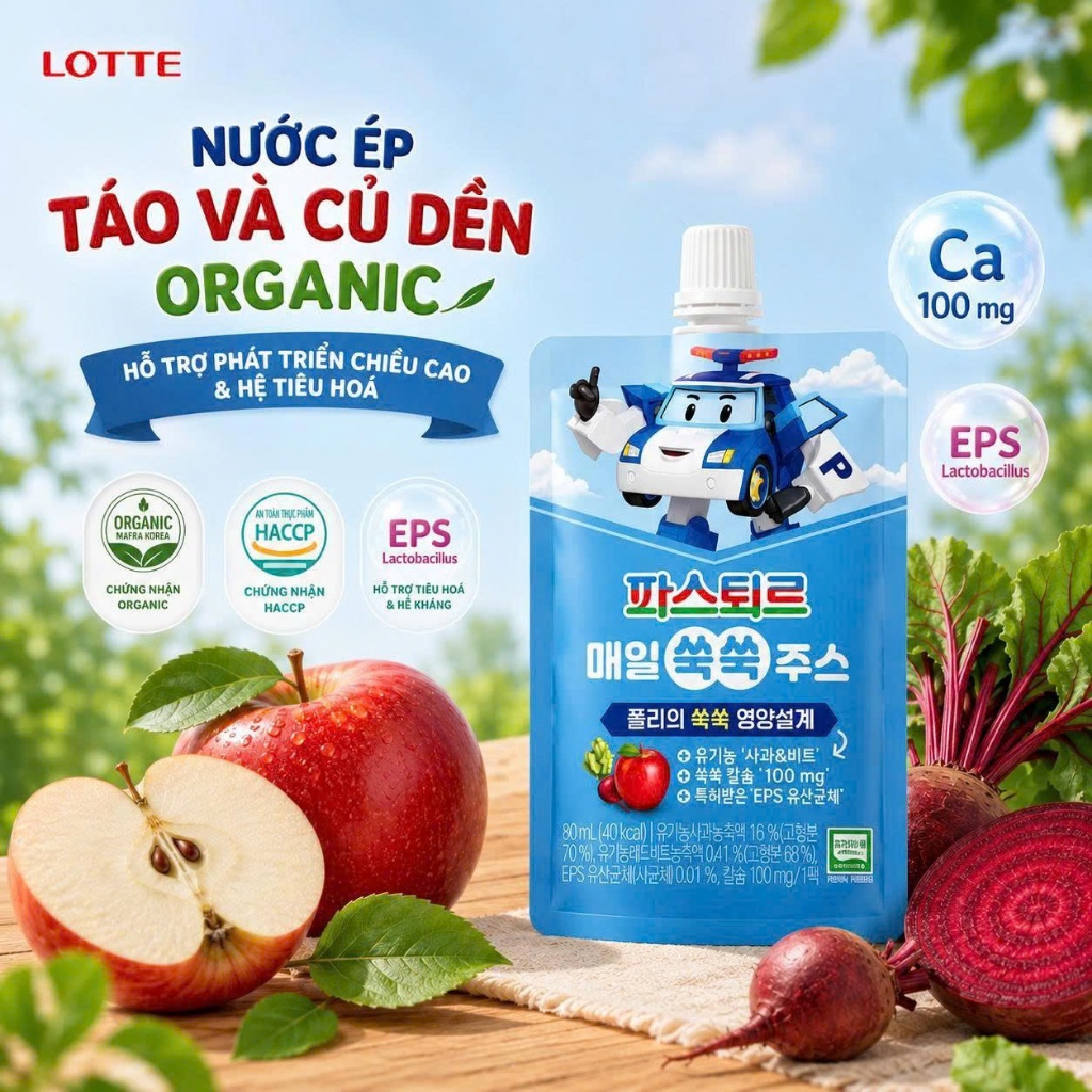 Nước Táo và Củ Dền Hữu Cơ Lotte - Combo Lotte Tăng Cao, Lotte Ăn Ngon, Lotte Khỏe Mạnh - 1 thùng 30 