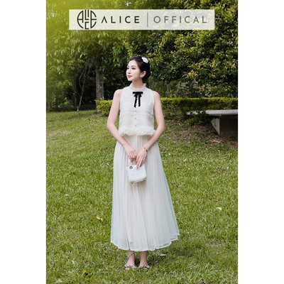 Set Váy Tiểu Thư Cao Cấp Alice Áo Ren Phối Tơ Xếp Tơ Ngang, Chân Váy Dài Chất Lưới Lót Lụa A1105+CV1082