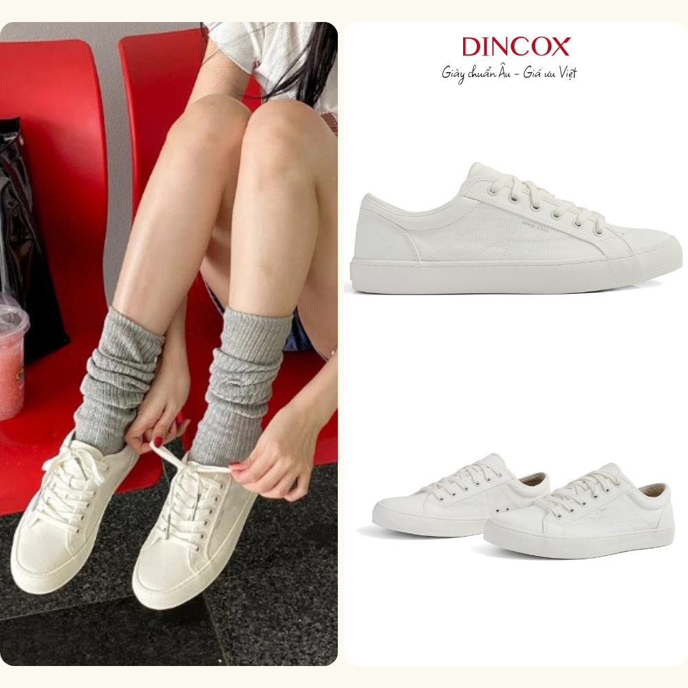 Giày thể thao nam nữ trắng E18 Dincox, giày sneaker nam nữ, giày vải canvas đế bằng