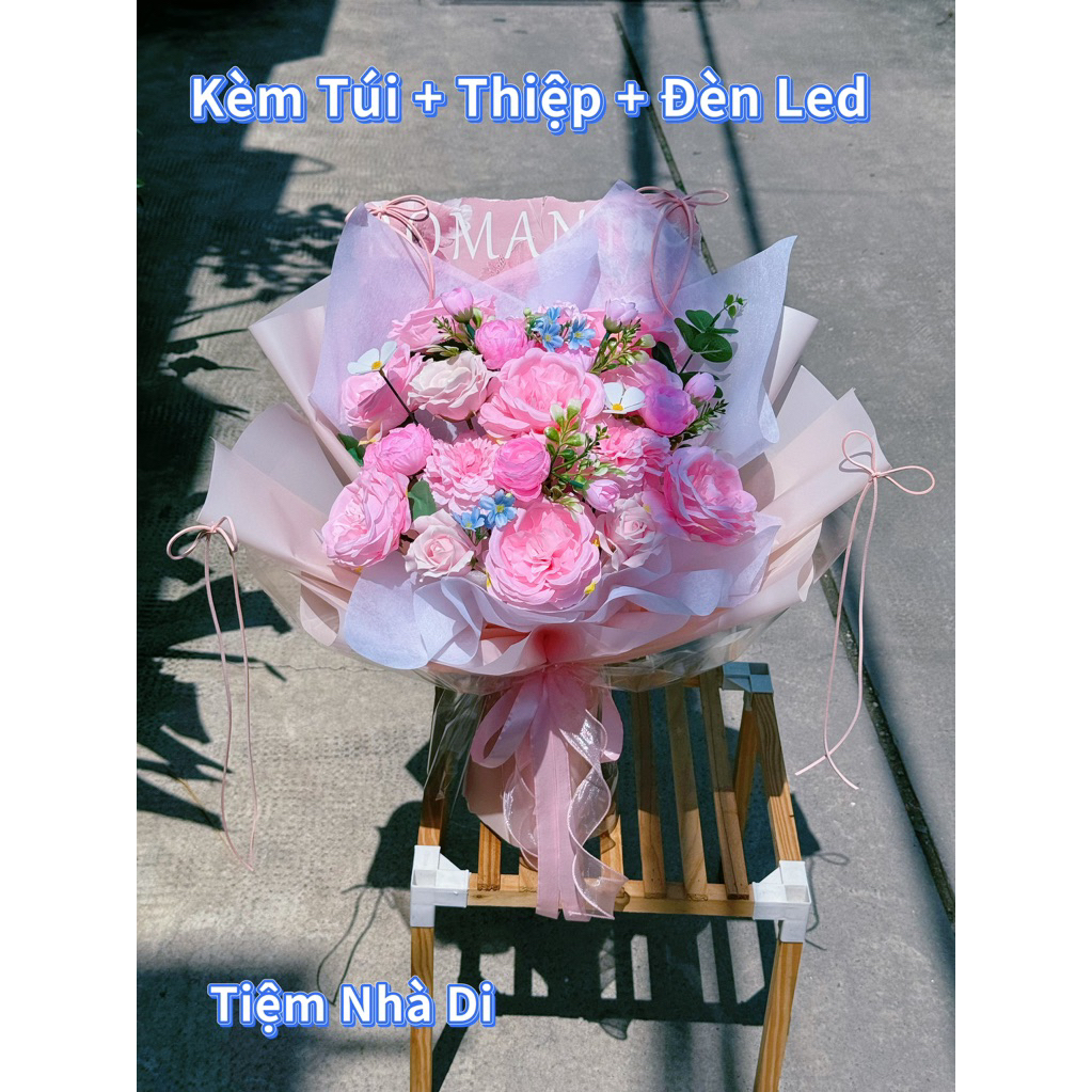 Bó Hoa Trà Lụa TIỆM NHÀ DI Mix Hoa Hồng Sáp, Hoa Hồng Ohara, Nhất Chi Mai Tone Màu Hồng - Quà Tặng N