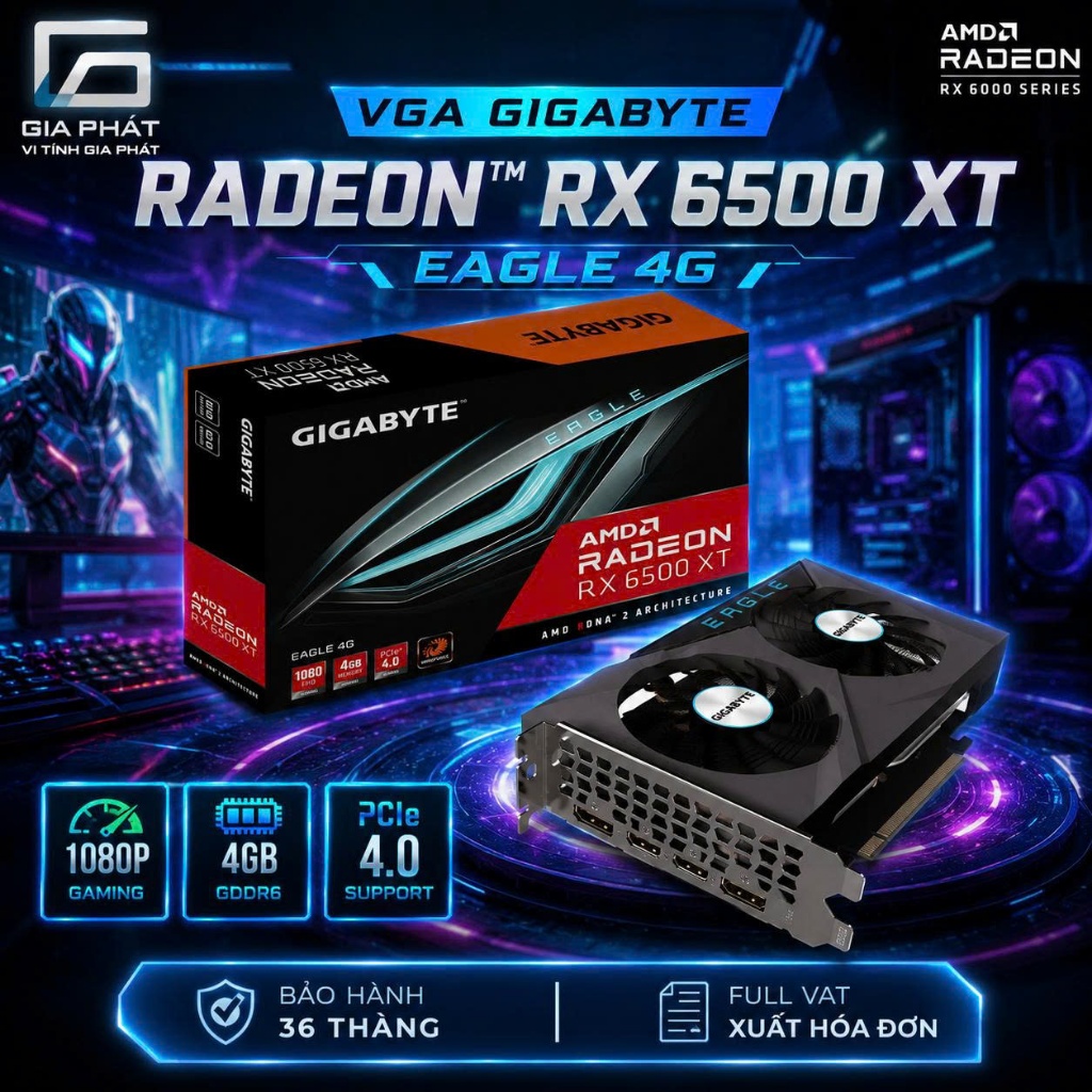 Card màn hình VGA GIGABYTE Radeon™ RX 6500 XT EAGLE 4G | 6500XT Chính Hãng | Bảo Hành 36 Tháng