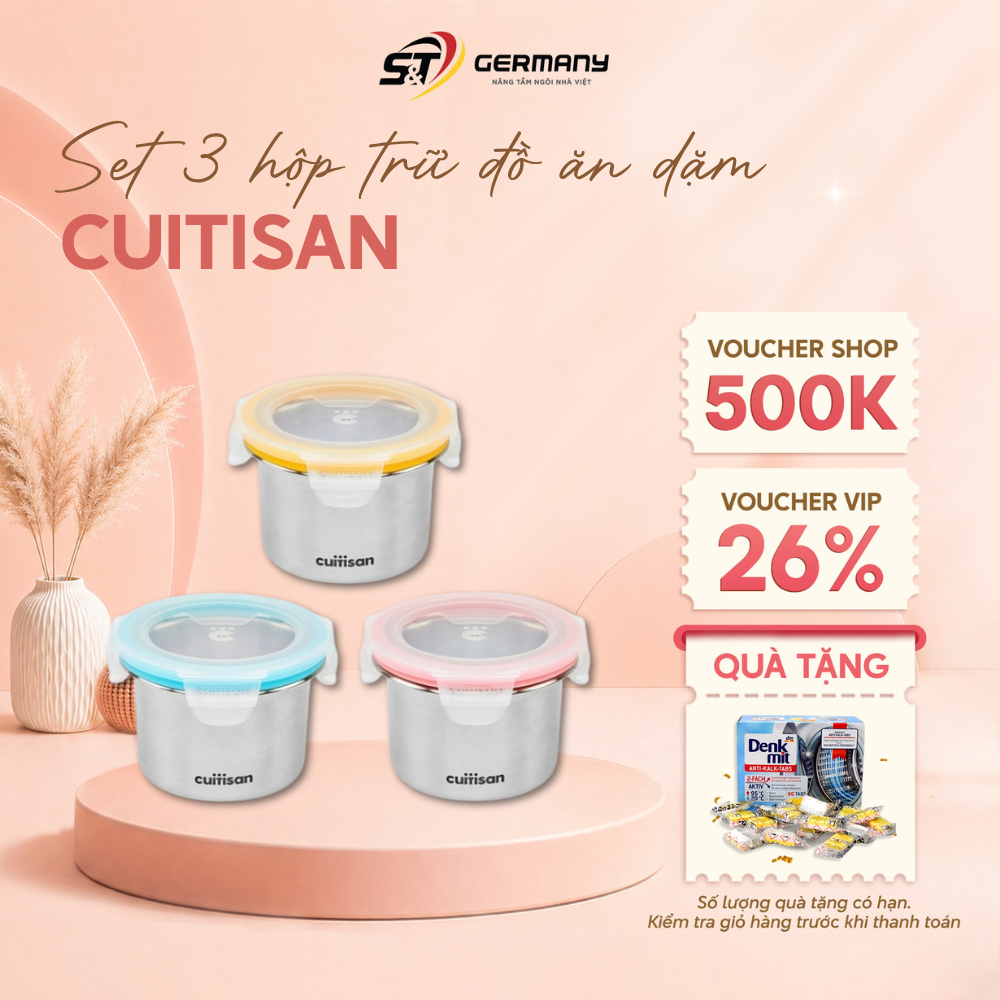 Set 3 hộp trữ đồ ăn dặm Inox 316 Cuitisan 200,250ml kháng khuẩn cao cấp - EC10-202S3 GermanySNT HCM