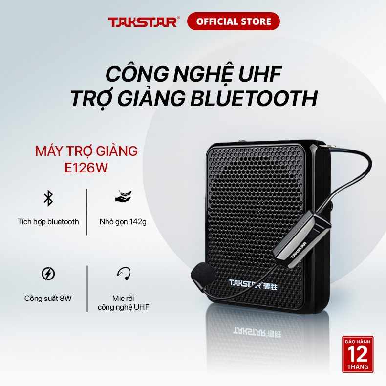 Máy Trợ Giảng Không Dây Takstar E126W Bluetooth, Nhỏ Gọn, Công Suất 8W, Mic Nhạy Chính Hãng Cao Cấp 