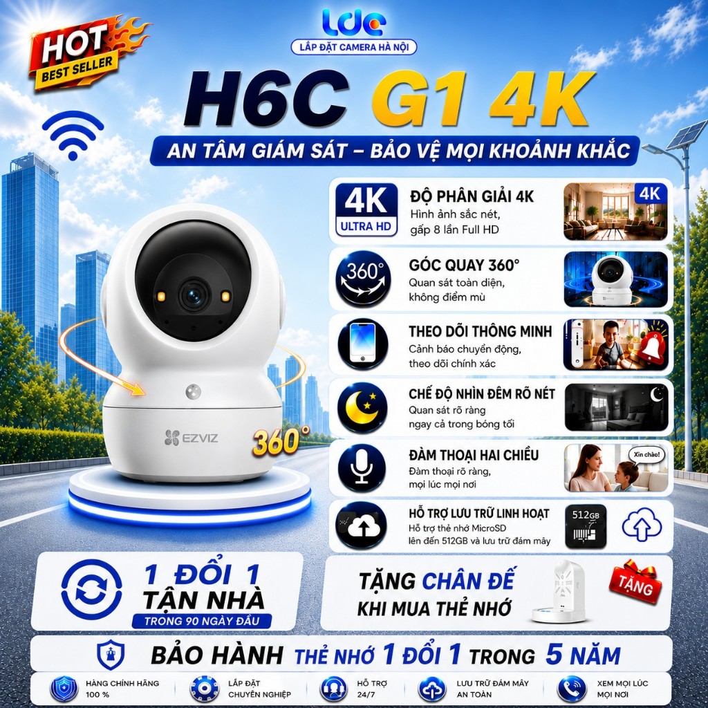 Camera wifi EZVIZ H6C G1 5M, H6C G1 8MP quay 360 độ, có màu đêm, đàm thoại 2 chiều, Có nút gọi điện