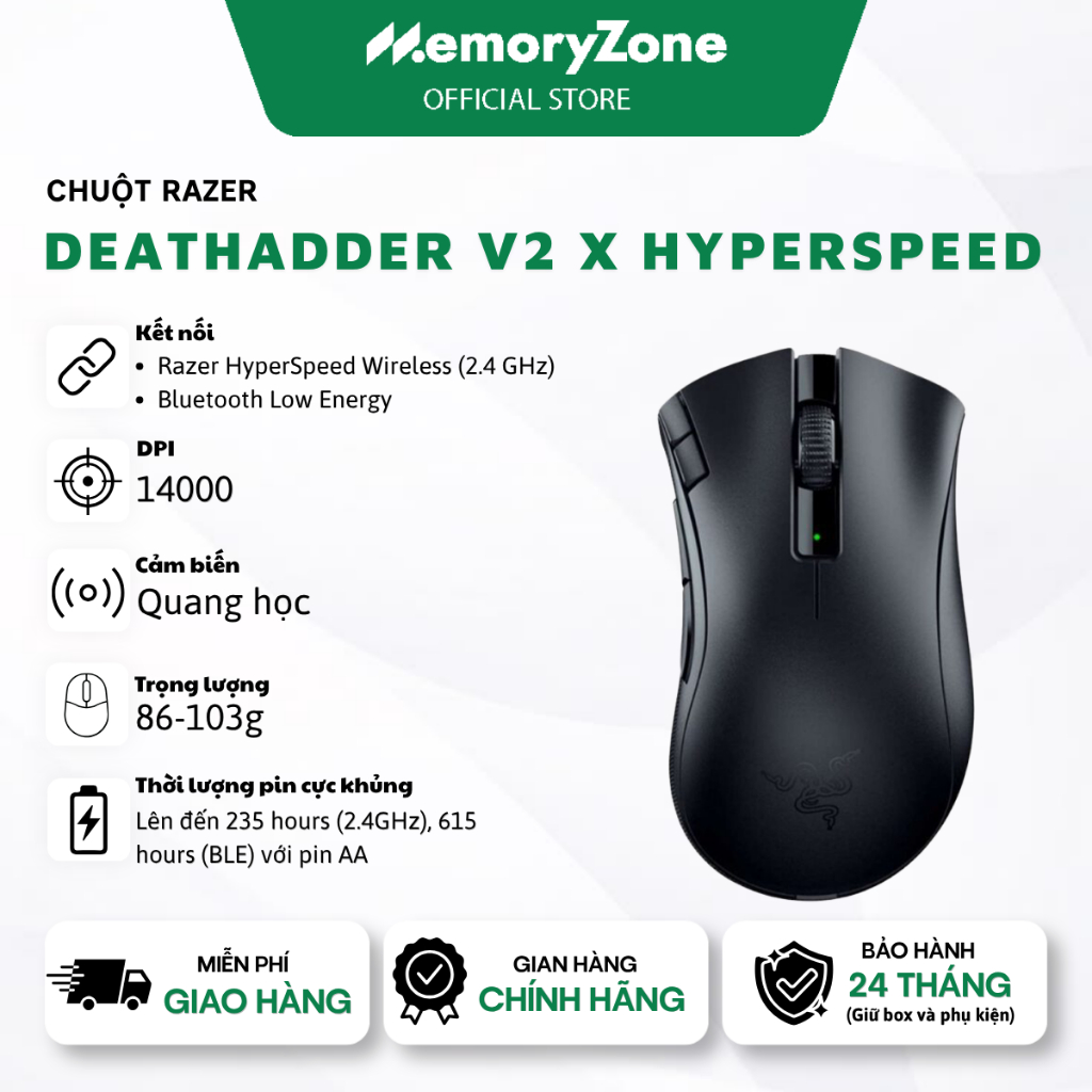Chuột Gaming Razer DeathAdder V2 X HyperSpeed - Không dây, Cảm biến Quang Học, 14000 DPI, Nút bấm cơ học, Pin AA/AAA