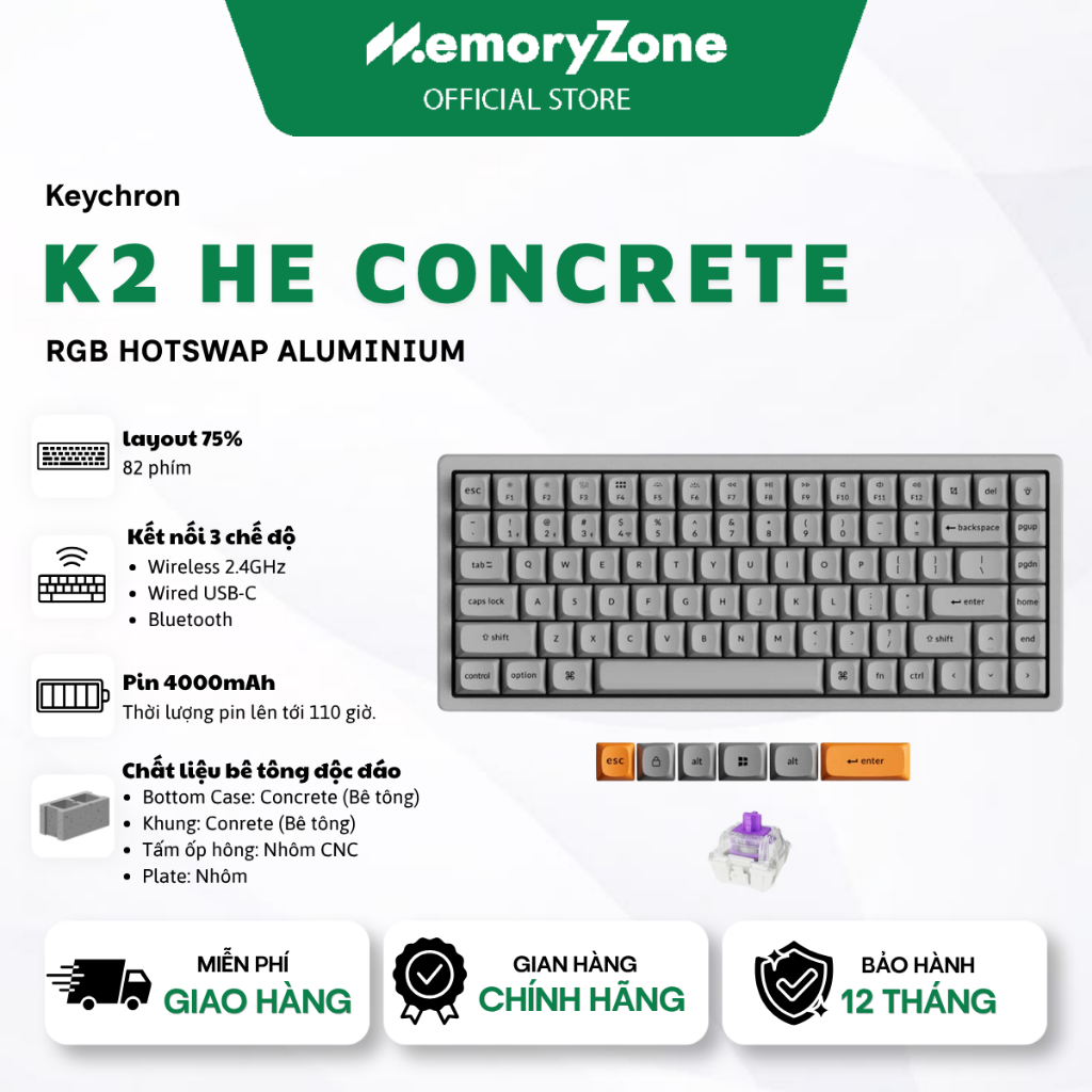 Bàn phím cơ Keychron K2 HE Concrete Edition RGB Hotswap Aluminum (Magnetic Sw) - Bảo hành 12 tháng