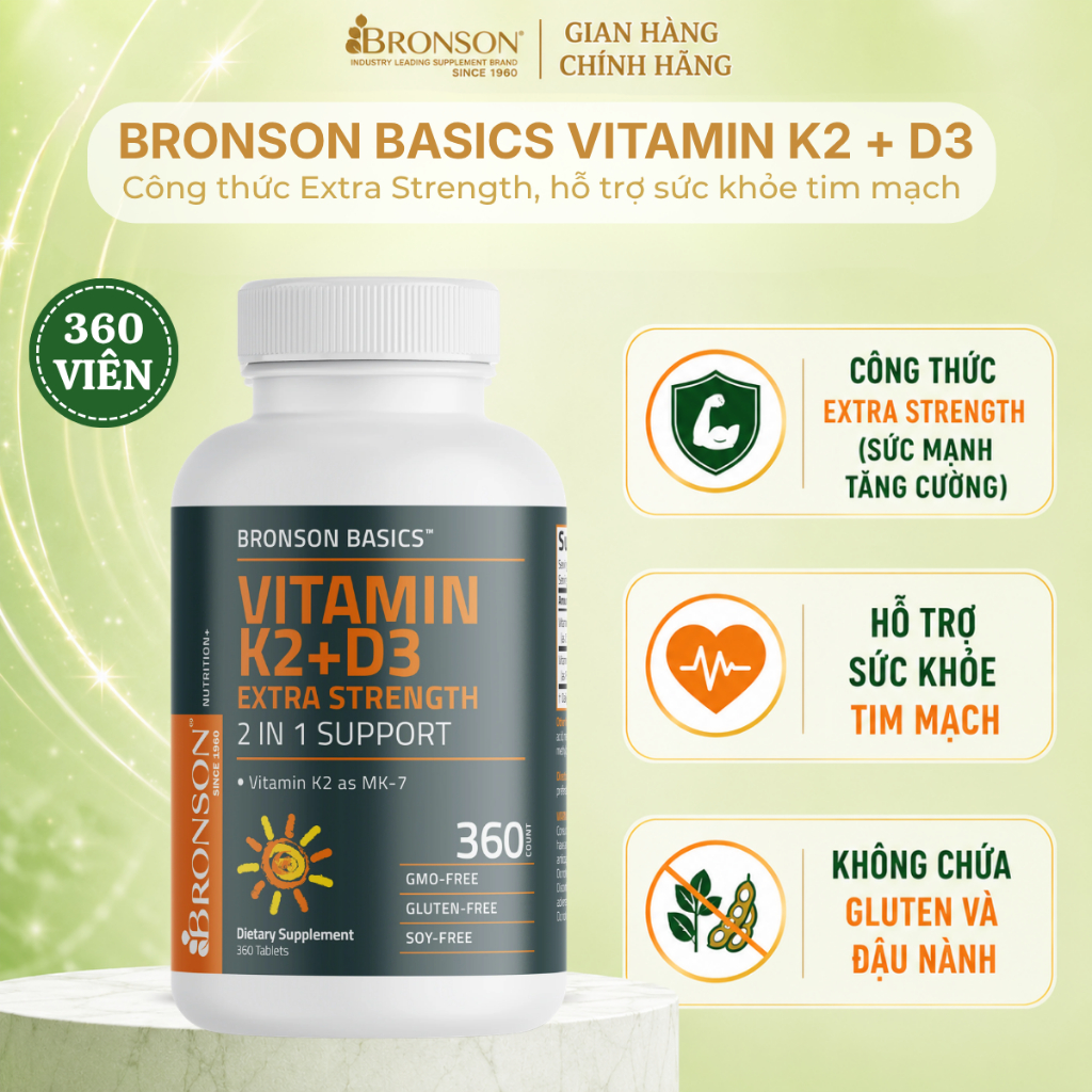 [NEW 2026] Viên Uống Bronson Basics Vitamin K2 MK-7 + D3 Extra Strength Hỗ Trợ Sức Khỏe Tim Mạch