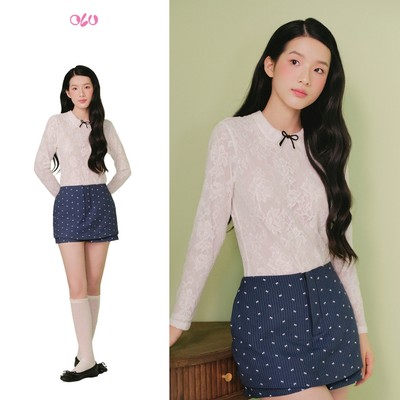 Áo OLV ren tay dài phối nơ thanh lịch White Lace Ribbon Tie Long Sleeves Top phù hợp đi chơi đi làm