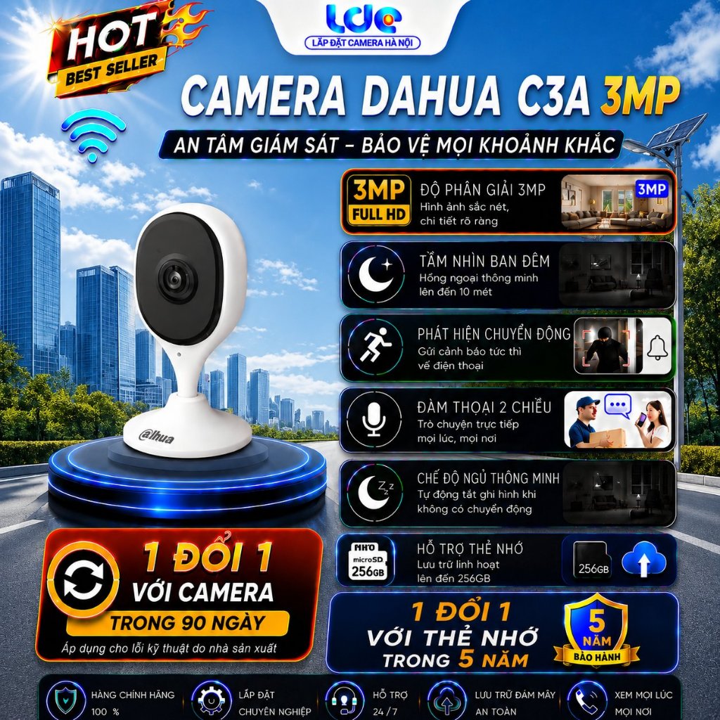 Camera Đế Nam châm DAHUA  C3A  Kèm Miếng Dán Dính Tường, đàm thoại 2 chiều, kết nối wifi