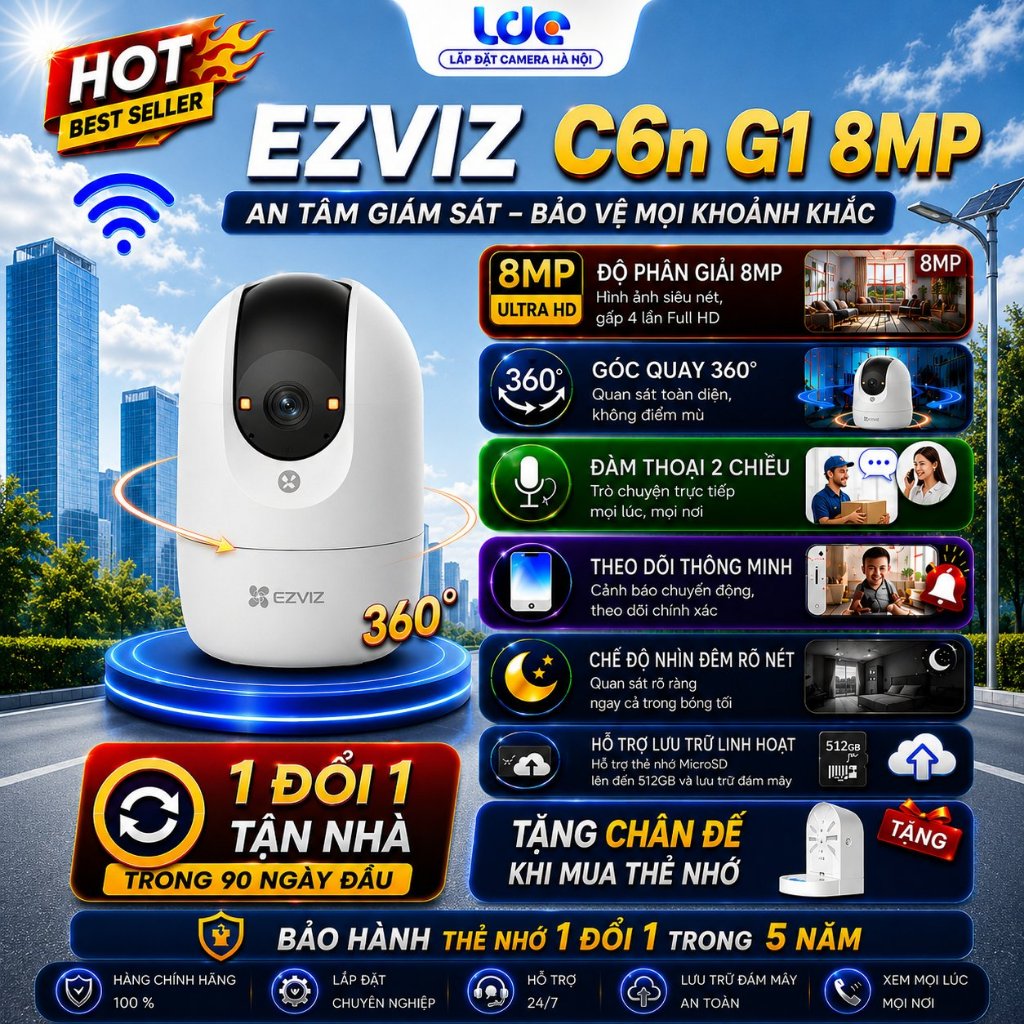Camera wifi trong nhà ezviz C6N G1 8MP / C6N PRO 3MP quay quét 360 độ, đàm thoại 2 chiều, có nút gọi