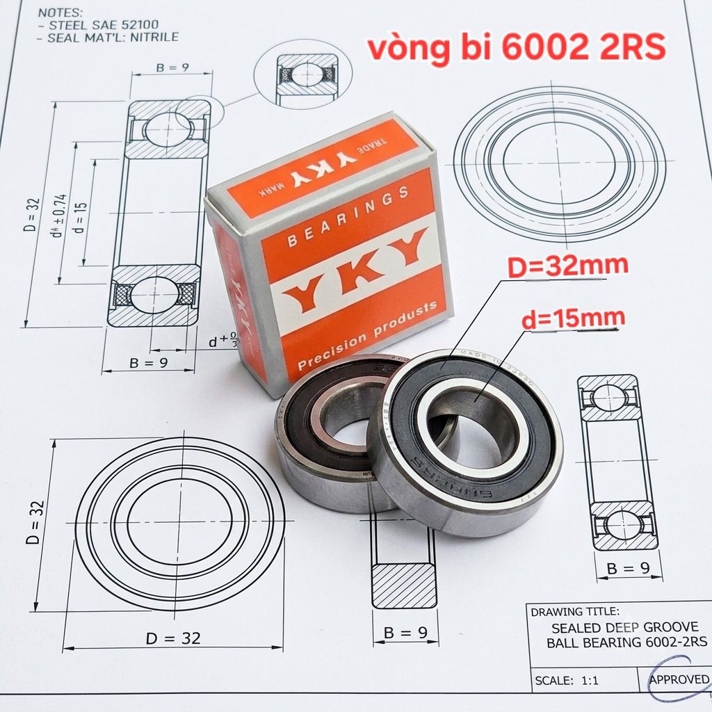 Hộp 10 vòng bi 6002 2RS YKY  ( cốt 15x32x9mm)