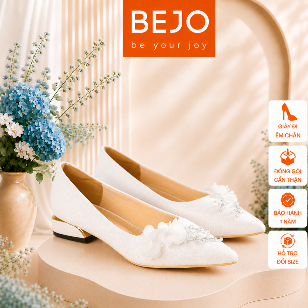 Giày Cao Gót Nữ Cao Cấp BEJO H98 Đính Hoa Cườm Nhựa Thanh Lịch - Giày Cưới Cô Dâu Đi Êm Chân