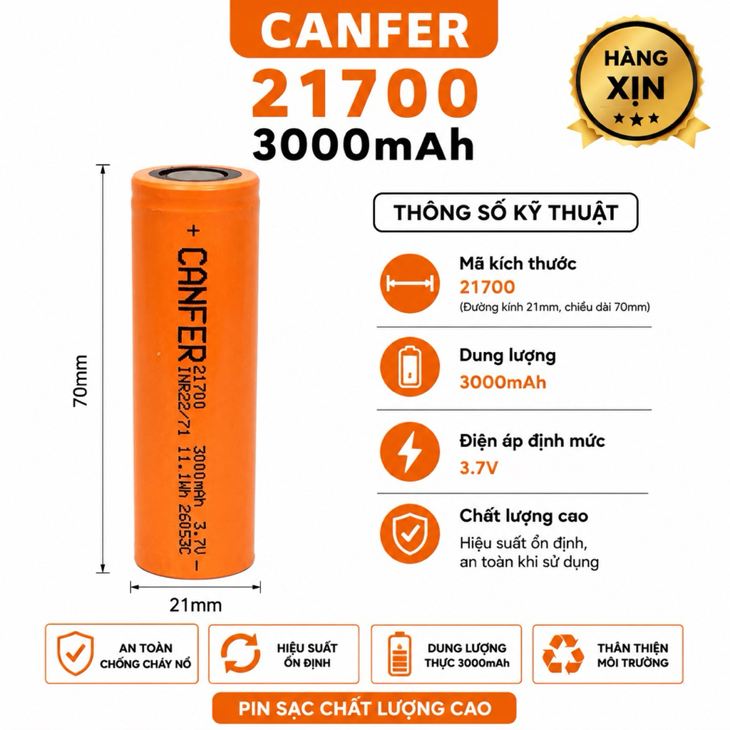 Pin sạc Li-ion CANFER 21700 3000mAh 3.7V xả cao MÀU CAM