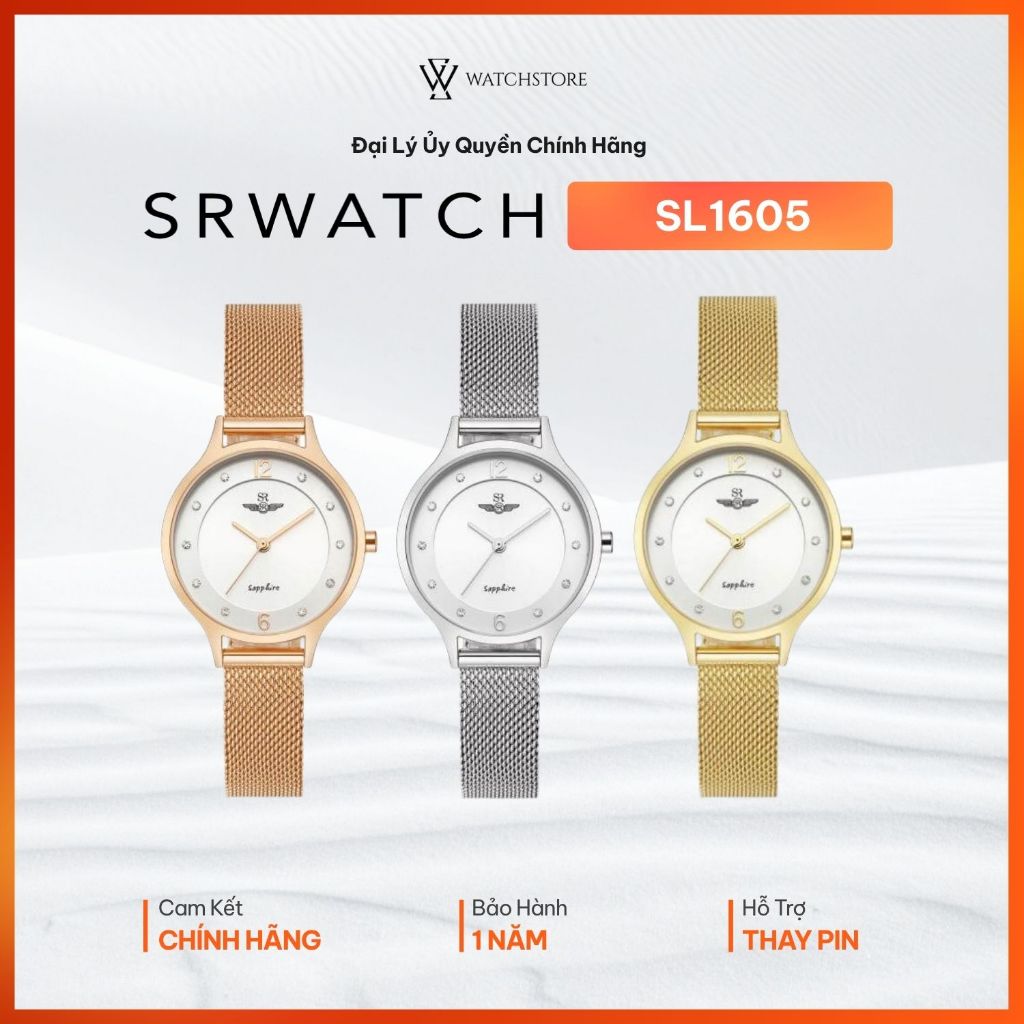 Đồng Hồ Nữ SRWatch SL1605 Pin Quartz Nhật Bản Mặt Kính Sapphire 30mm Dây Kim Loại Chính Hãng