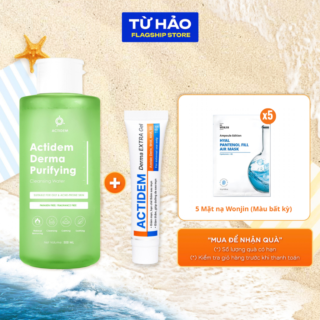 [TẶNG 5 MASK WONJIN] Combo Nước Tẩy Trang Actidem Derma Purifying Cleasing Water 500ml + Gel giảm mụ