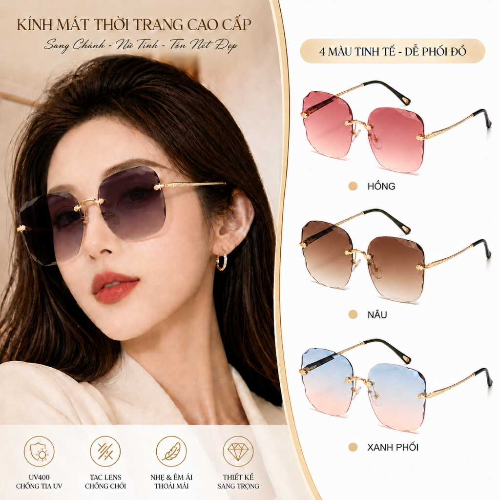 Mắt kính mát nữ thời trang đẹp 2026, kính râm nữ gọng vuông đi xe chống bụi, đi biển, du lịch chống tia UV