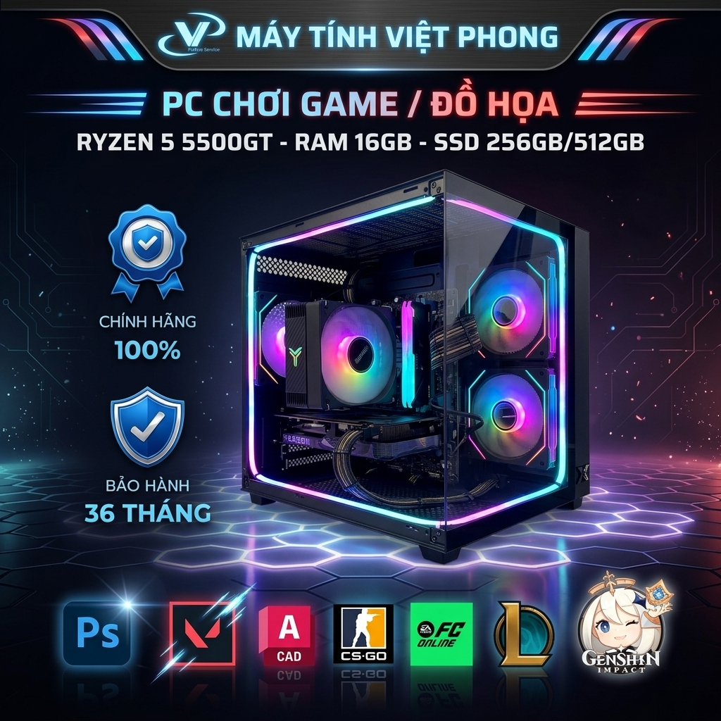 [KHÔNG LẮP ĐẶT] BỘ MÁY TÍNH PC GAMING / ĐỒ HỌA  AMD RYZEN 5 5500GT FULL NEW  BẢO HÀNH 36 THÁNG