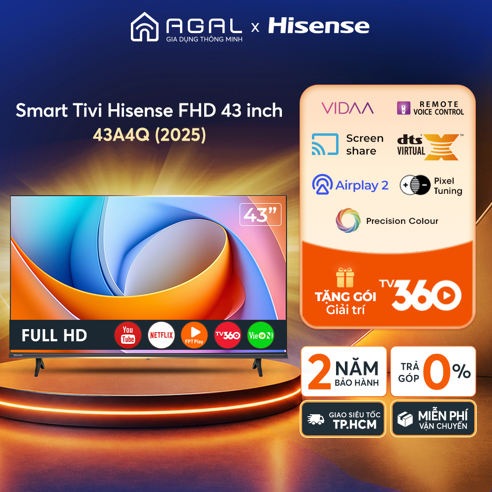 Smart Tivi Hisense 43 inch FHD 43A4Q, Trả góp 0%, Bảo hành 2 năm