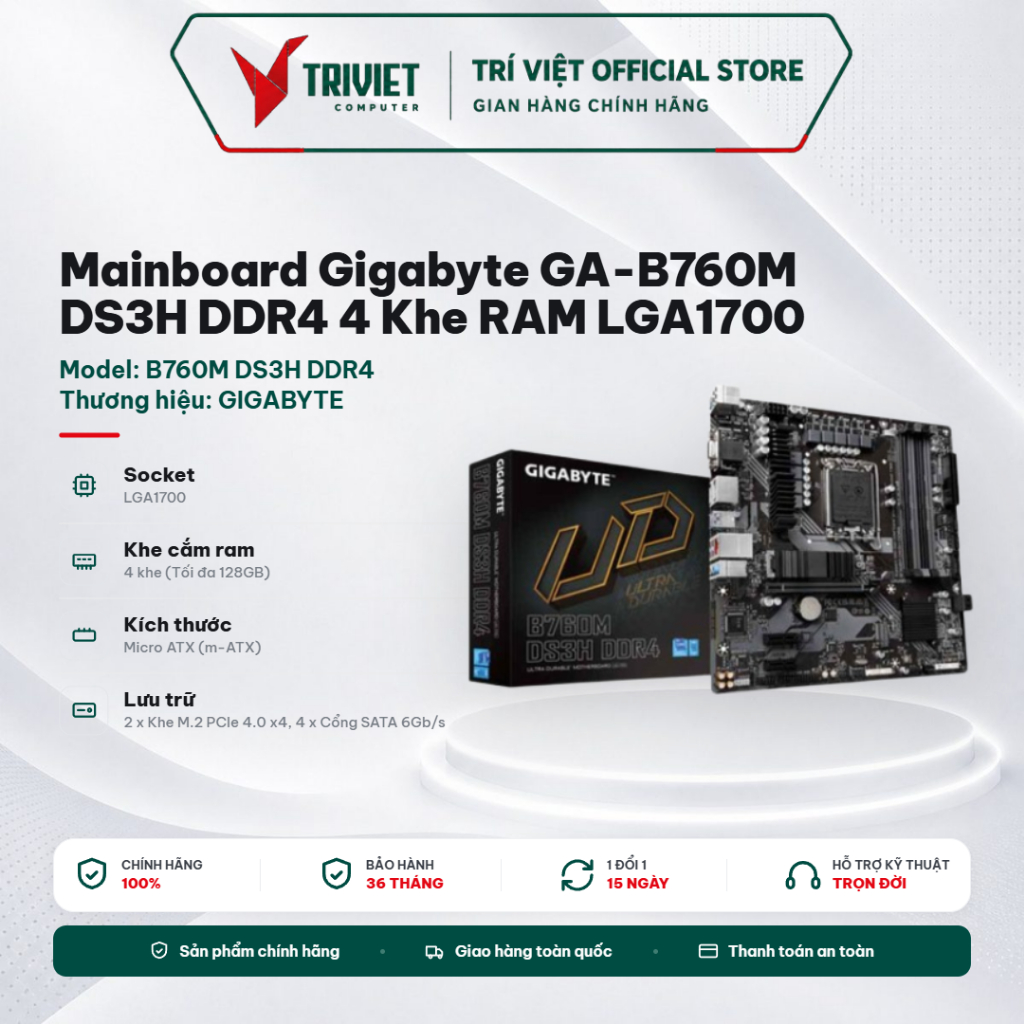 Mainboard Gigabyte GA-B760M DS3H DDR4 4 Khe RAM LGA1700 M.2 NVMe Hỗ Trợ Intel Gen 12 13 14 - Bo Mạch