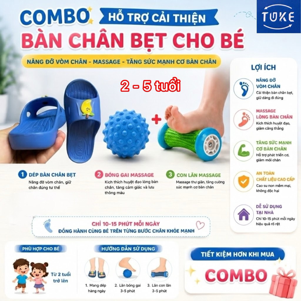 (Combo 3sp) dép bàn chân bẹt, bóng gai cao su, con lăn massage cải thiện bàn chân bẹt cho bé từ 2 tu