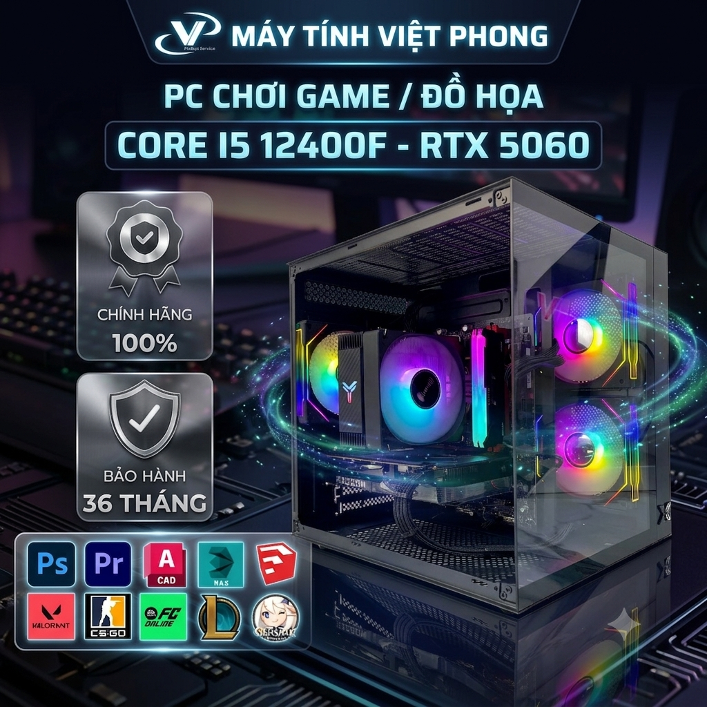 [KHÔNG LẮP ĐẶT] BỘ MÁY TÍNH PC GAMING / ĐỒ HỌA INTEL CORE I5 12400F 5060 FULL NEW  BẢO HÀNH 36 THÁNG