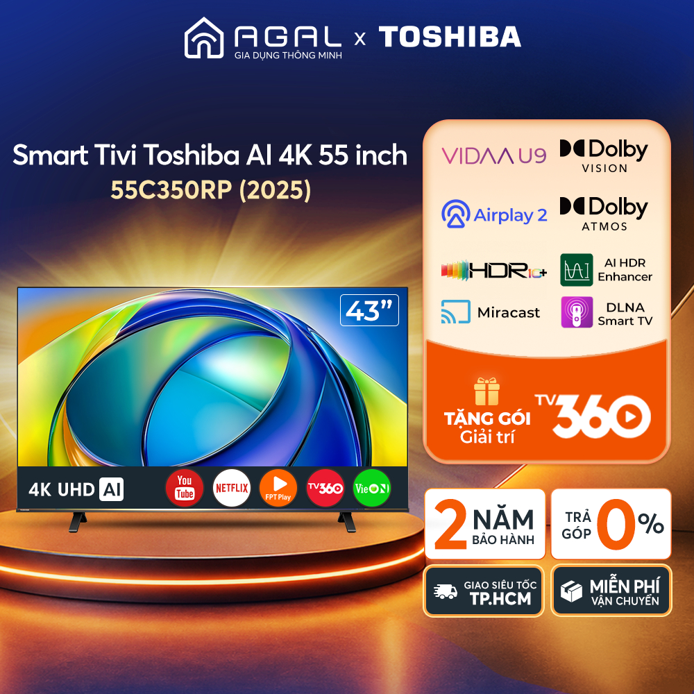Smart Tivi Toshiba AI 4K 55 inch 55C350RP Trả góp 0%, Bảo hành 2 năm, Giao hàng toàn quốc